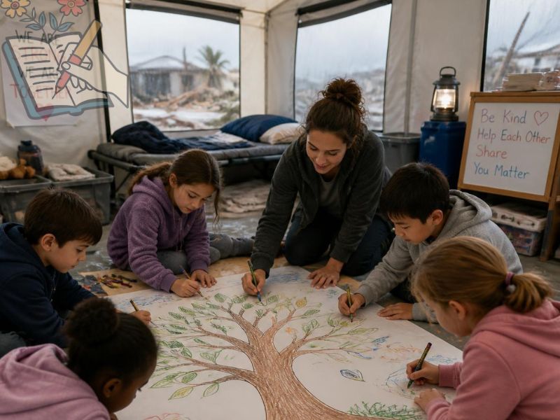 niños creando grupalmente el dibujo de un arbol